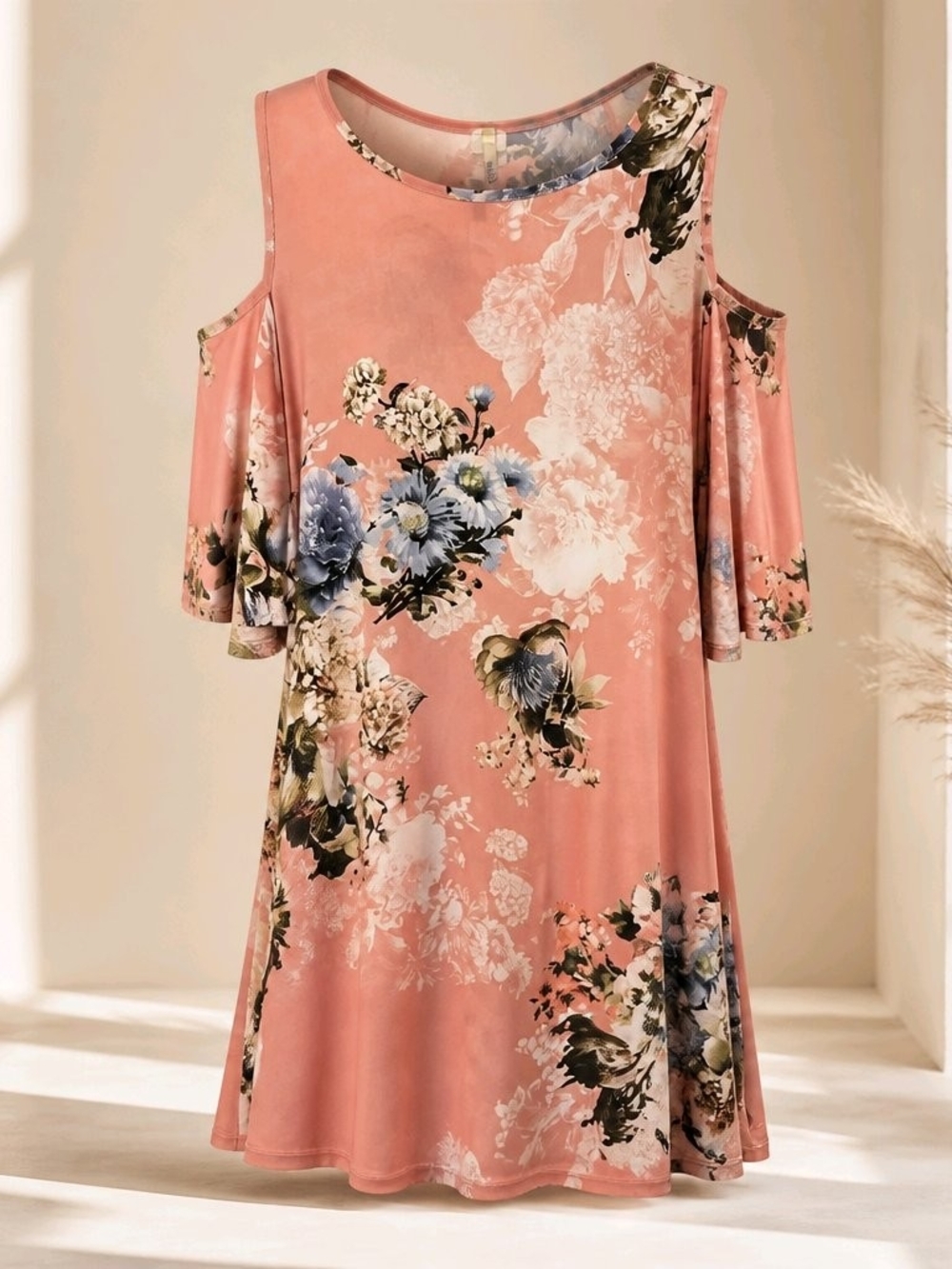 Cold-Shoulder Floral Swing Dress - Pink